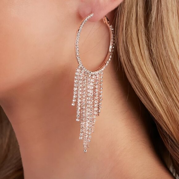 Windsor Rose Gold Rhinestone Fringe Hoop Earrings – Lightweight Statement - Picture 2 of 2